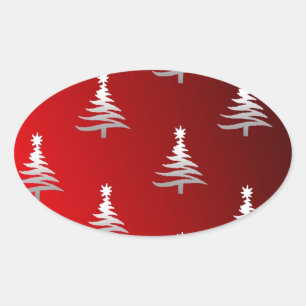 Sticker Ovale Arbres de Noël en argent sur rouge