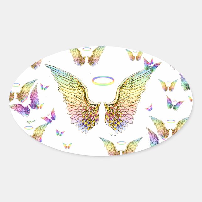 Sticker Ovale Arc-en-ciel Ange ailes et Halos (Devant)