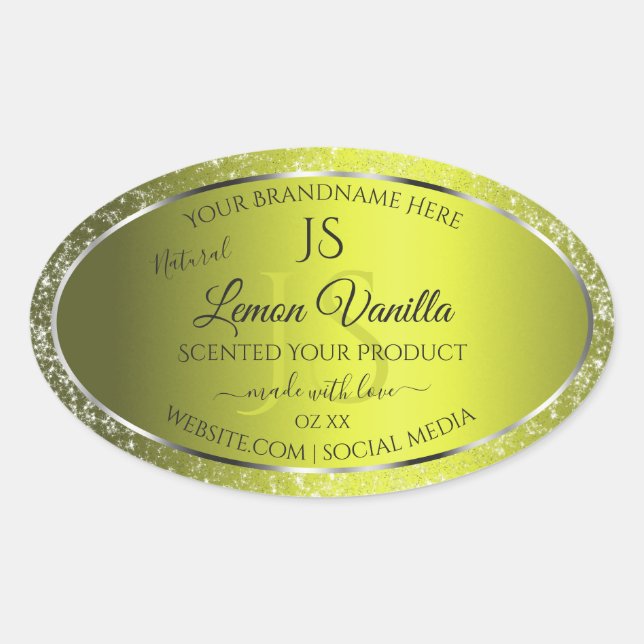 Sticker Ovale Argent jaune avec initiales de Parties scintillant (Devant)