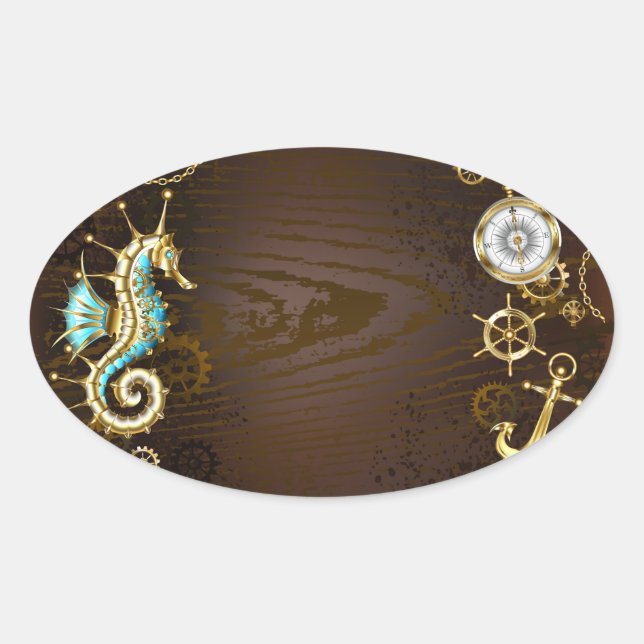 Sticker Ovale Arrière - plan en bois avec cheval de mer mécaniqu (Devant)