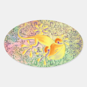 Sticker Ovale ART antique Motif ornemental + Gecko souriant