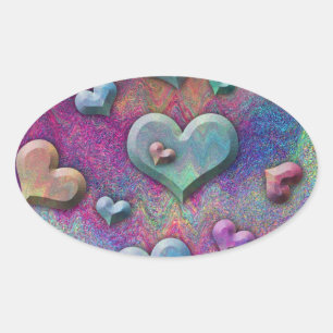 Sticker Ovale Art de cœurs métalliques multicolores amusants
