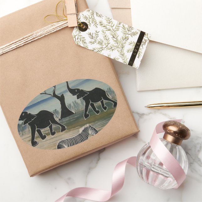 Sticker Ovale Art Eléphant Africain (Cadeaux)