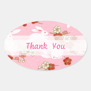Sticker Ovale Art japonais : Sakuras et lapins roses