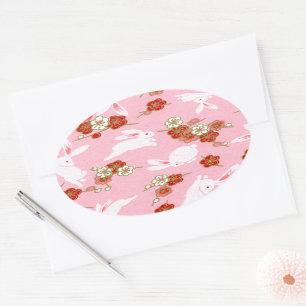 Sticker Ovale Art japonais : Sakuras roses et lapins chevaliers 
