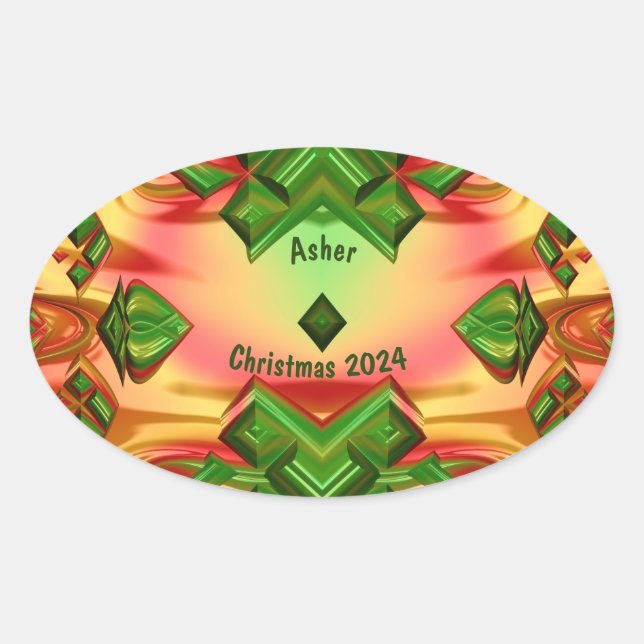 Sticker Ovale ASHER ~ NOËL 2024 Vert Rouge Jaune Fractal ~ (Devant)