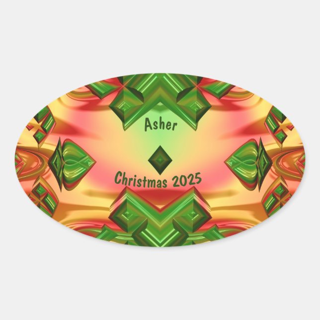 Sticker Ovale ASHER ~ NOËL 2025 Vert Rouge Jaune Fractal ~ (Devant)