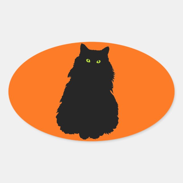 Sticker Ovale Assis noir chat Silhouette sur orange (Devant)