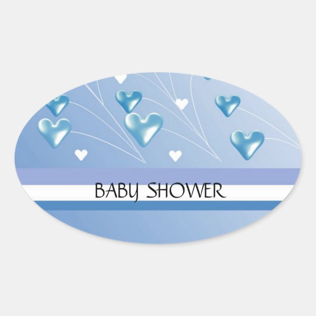 Sticker Ovale Baby Shower Cœurs Bleus et Rayures (Devant)