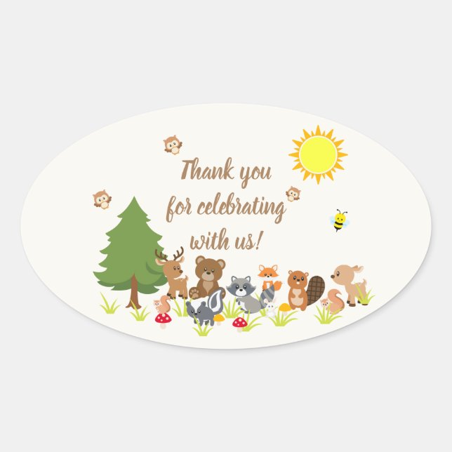 Sticker Ovale Baby shower d'animaux de bois mignons (Devant)