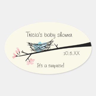 Sticker Ovale Baby shower de fleurs et de nids