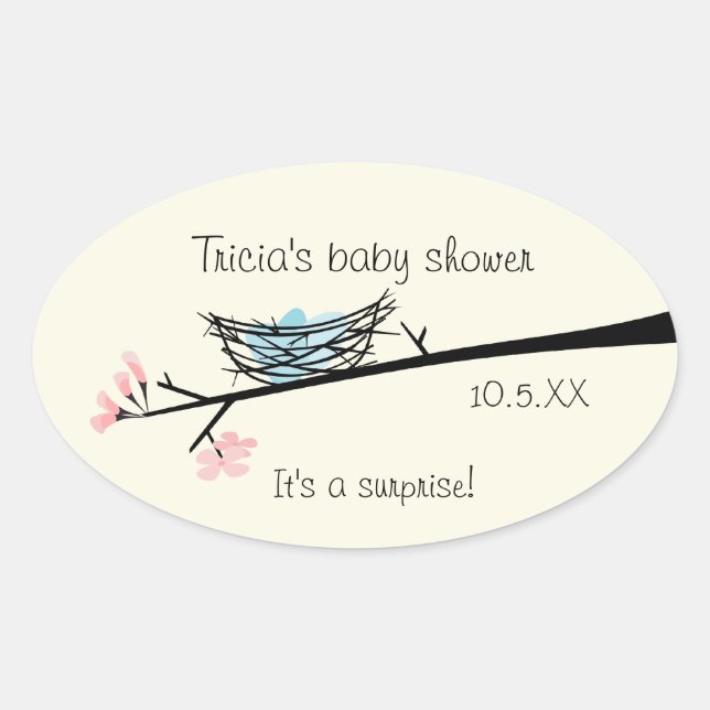 Sticker Ovale Baby shower de fleurs et de nids (Devant)