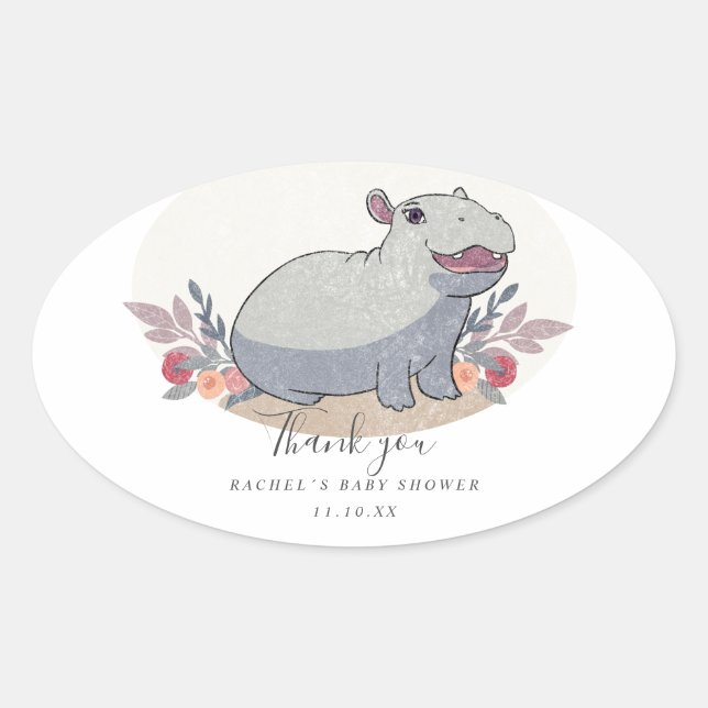 Sticker Ovale Baby shower hippo bébé mignon (Devant)