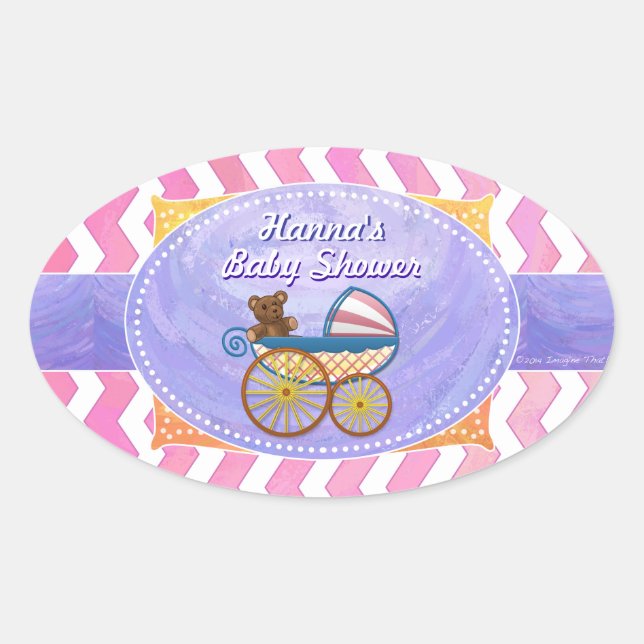 Sticker Ovale Baby shower personnalisé pourpre et rose Chevron (Devant)