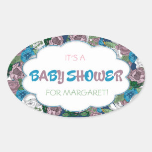 Sticker Ovale Baby shower rose et bleu