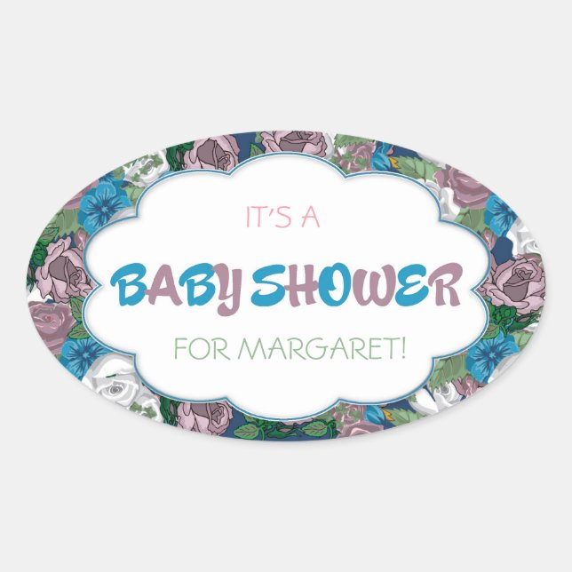 Sticker Ovale Baby shower rose et bleu (Devant)