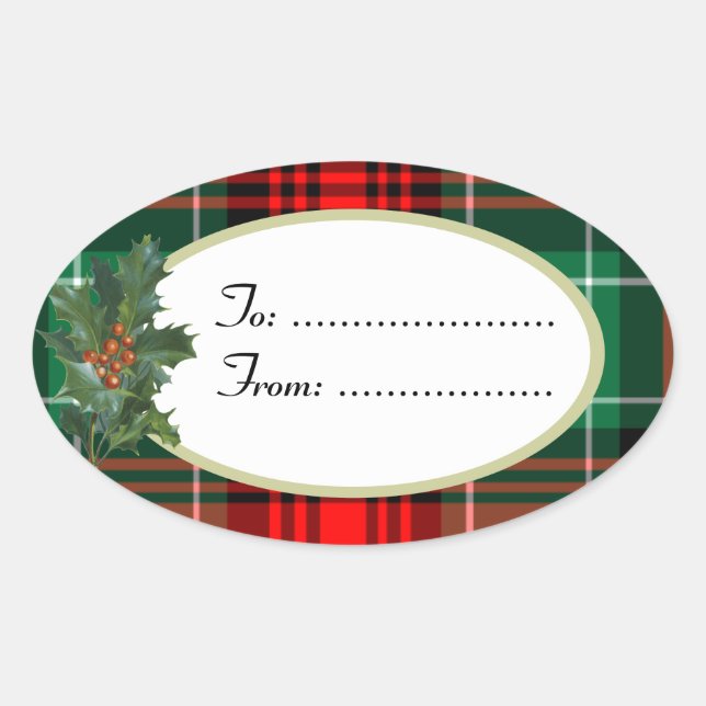 Sticker Ovale Balise cadeau Holly Red Green Plaid personnalisée (Devant)