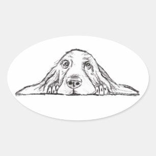 Sticker Ovale basset hound noir blanc yeux de chiot simple