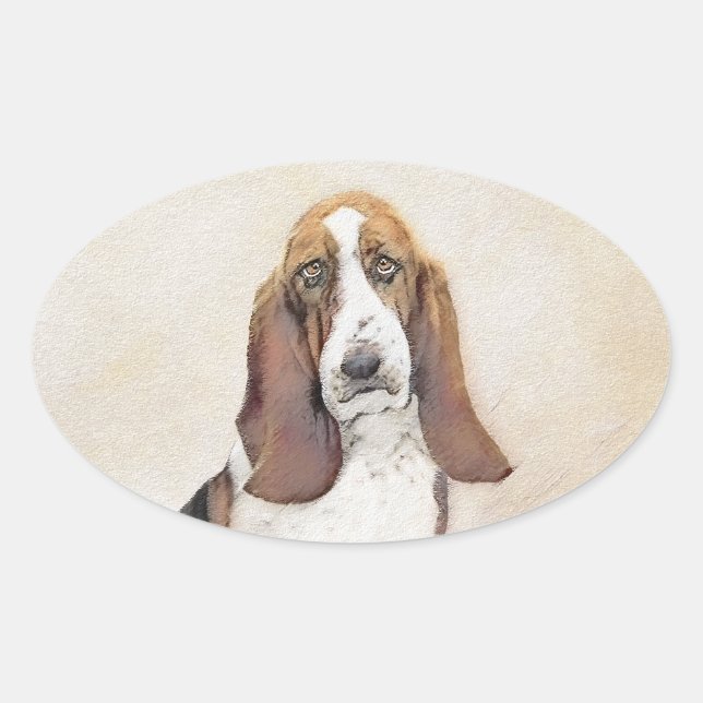 Sticker Ovale Basset Hound Peinture - Cute Original Chien Art (Devant)