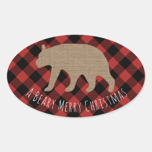 Sticker Ovale Beary Joyeux Noël Plaid Burlap Ours