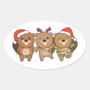 Sticker Ovale Beaver Noël Animaux de Noël Cute Beaver Cla