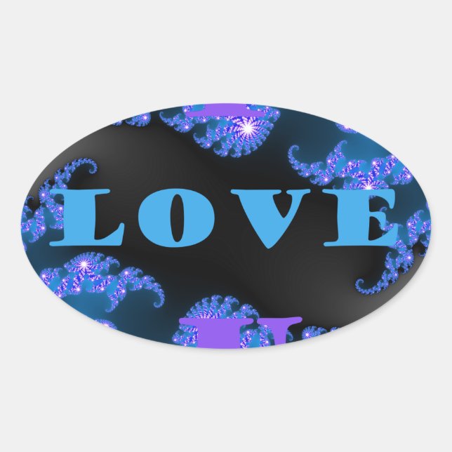 Sticker Ovale Belle Galactique Blue Love Texte Motif Design, (Devant)