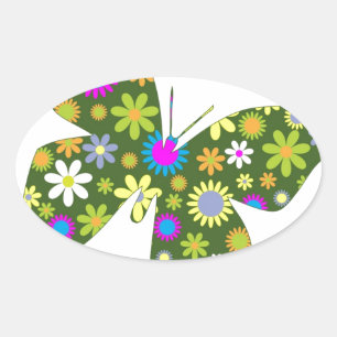 Sticker Ovale Belles fleurs fantaisistes aux ailes de papillon A