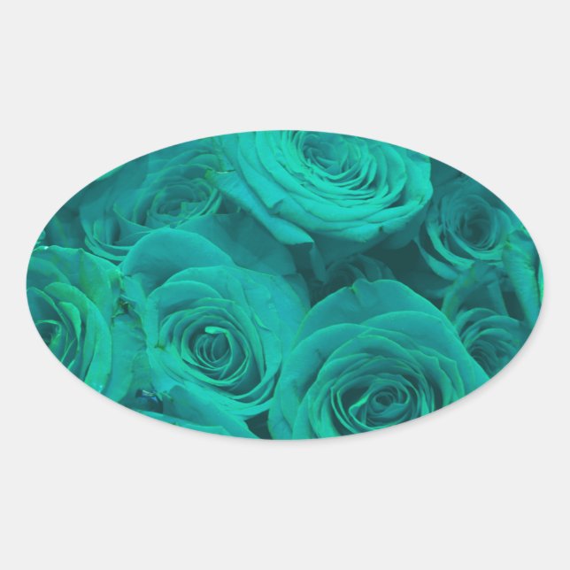 Sticker Ovale Belles fleurs turquoises roses turquoises (Devant)