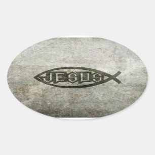 Sticker Ovale Béton urbain Jésus poisson
