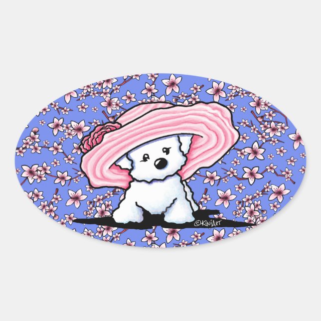 Sticker Ovale Bichon aux fleurs de cerisiers (Devant)