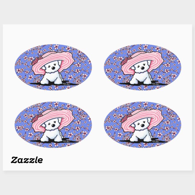 Sticker Ovale Bichon aux fleurs de cerisiers (Feuille)