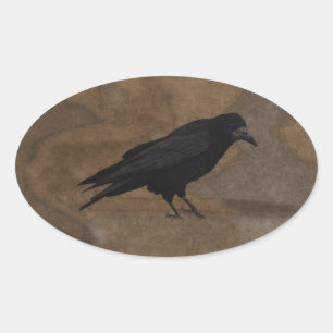 Sticker Ovale Black Rook British Corvid et Rustic Arrière - plan