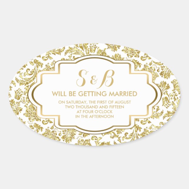 Sticker Ovale Blanc Et Métalliques Or Floral Damques 3a Motif (Devant)