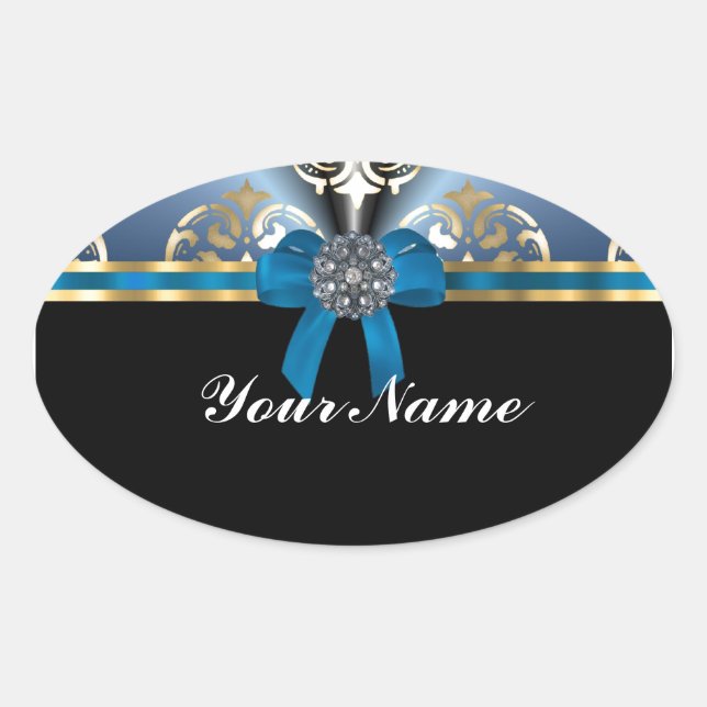 Sticker Ovale Bleu et or damassé (Devant)