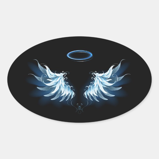 Sticker Ovale Blue Glowing Angel Wings on black background (Devant)