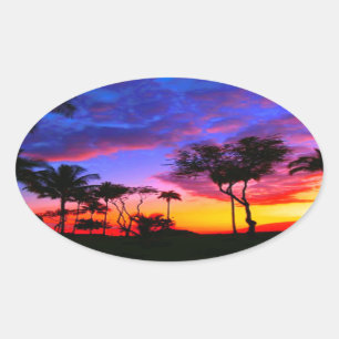Sticker Ovale Blue Red Sunset Exotic Hawaiian Beach Palm Trees