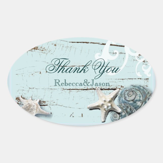 Sticker Ovale BLue Seashells Beach Mariage merci (Devant)