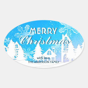 Sticker Ovale Blue White House Snowflakes Noël Bonne année