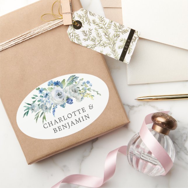 Sticker Ovale Blue White Peony Floral Custom Garden Mariage (Cadeaux)