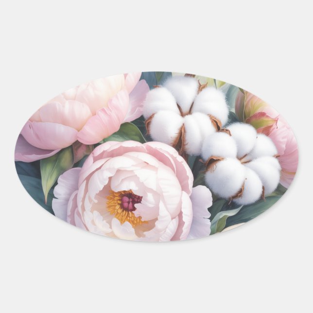 Sticker Ovale Blush Pink and White Cotton Wedding (Devant)