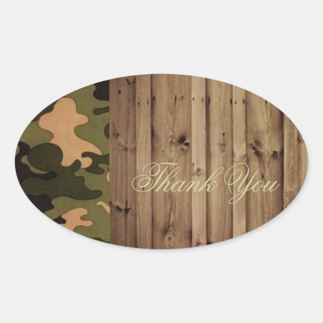 Sticker Ovale bois rustique ouest Camo Mariage merci (Devant)