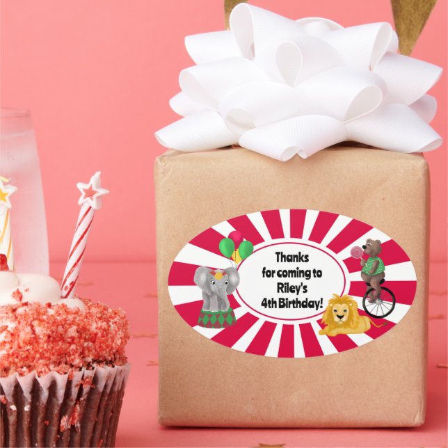 Sticker Ovale Bold Eléphant Lion Ours Ballons Circus Merci (Fête)