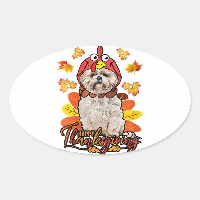 Sticker Ovale Bon thanksgiving Automne Feuilles Automne Shih Tzu (Devant)