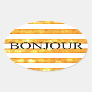 Sticker Ovale Bonjour Orange Rayure Bokeh