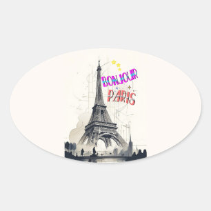 Sticker Ovale Bonjour Paris coloré