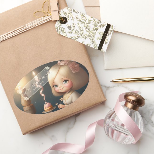 Sticker Ovale Bonne fille anniversaire 01 (Cadeaux)