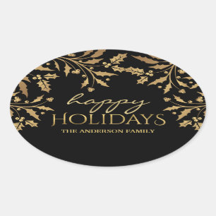 Sticker Ovale Bonnes fêtes aluminium de Faux de houx d'or de