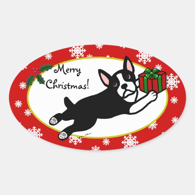 Sticker Ovale Boston Terrier Noël 2 Cartogrammes Snowflakes (Devant)
