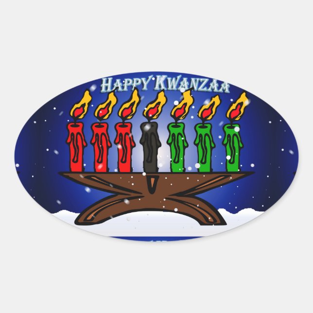 Sticker Ovale Bougie Kwanzaa Kinara avec neige et salut (Devant)