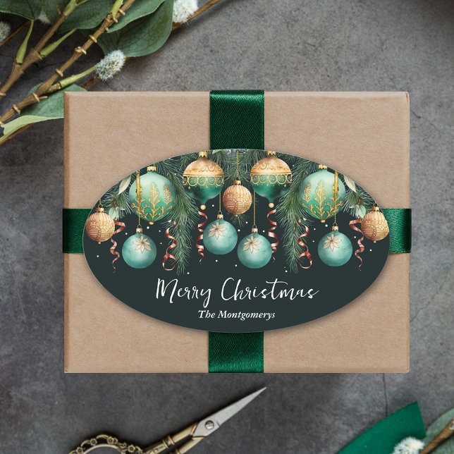 Sticker Ovale Boules dorées arbre de Noël (Gold and green tree ornaments Merry Christmas oval stickers 4.5" x 2.7")